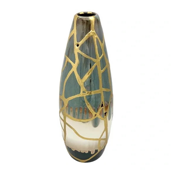 Kintsugi Vase 14” Drip Glaze Gold Crack Art Personal Growth Anniversary Gift - Picture 5 of 13